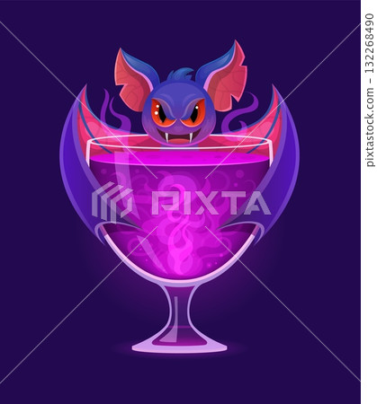 Halloween scary cocktail with monster bat vampire and hell fire, vector magic potion. Halloween holiday or horror night spooky cartoon cocktail drink glass for trick or treat party with witch bat 132268490
