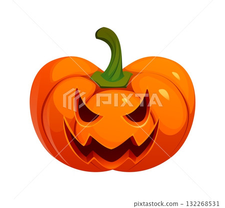Cartoon Halloween pumpkin face, evil smiling jack lantern character. Vector carved scary lantern for autumn holidays. Isolated grinning orange gourd. Traditional creepy decor for Halloween party night 132268531