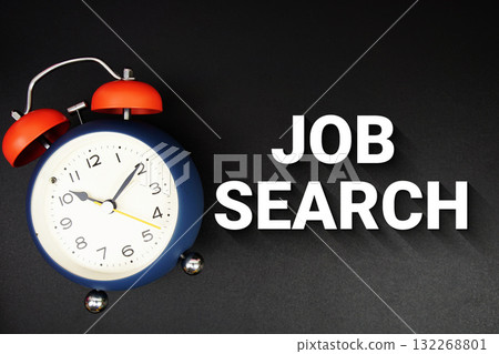 Job Search text with alarm clock on black background 132268801