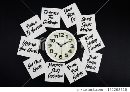 Alarm Clock Surrounded with Message about Self Development Concept Alarm Clock Surrounded with Message about Self Development Concept 132268816