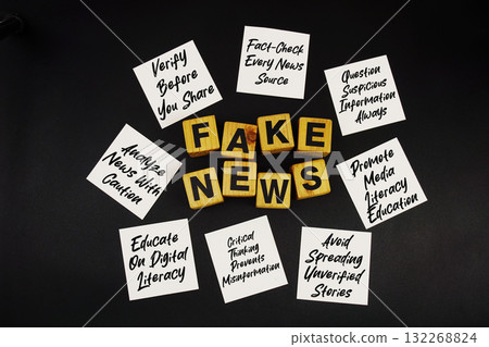 Fake News and Tips for Prevention written on sticky note on black background 132268824