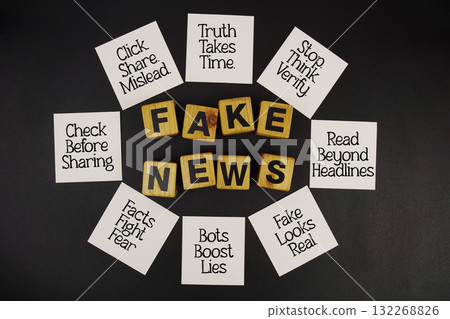 Fake News and Tips for Prevention written on sticky note on black background Fake News and Tips for Prevention written on sticky note on black background 132268826