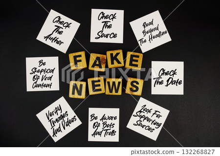 Fake News and Tips for Prevention written on sticky note on black background 132268827