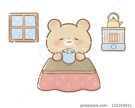 Illustration of a bear drinking tea in a kotatsu and spending relaxing time at home / Showa style / Heisei style Illustration of a bear drinking tea in a kotatsu and spending relaxing time at home / Showa style / Heisei style 132268931