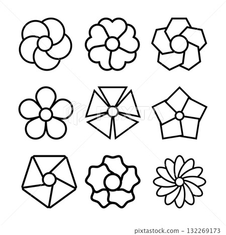 Set of Geometric Flower Vector Illustration. Perfect for logos, patterns, decorations or design elements, coloring pages, branding or digital design projects. Set of Geometric Flower Vector Illustration. Perfect for logos, patterns, decorations or design elements, coloring pages, branding or digital design projects. 132269173