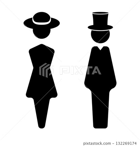 Vintage Man and Woman Silhouette Vector Illustration. Perfect for restroom signs, fashion design, retro projects, invitations or graphic decor. 132269174