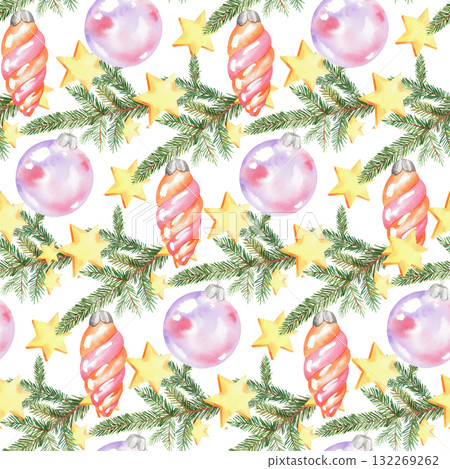 Seamless pattern of christmas tree banches, toys and stars. For fabric, wallpaper, packing paper, greeting cards, design, decoration and illustration. 132269262