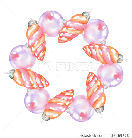 Wreath of christmas tree toys. For fabric, wallpaper, packing paper, greeting cards, design, decoration and illustration. 132269278