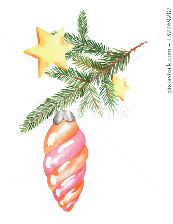 Christmas tree toy hanging on a fir tree branch and stars. For fabric, wallpaper, packing paper, greeting cards, design, decoration and illustration. Christmas tree toy hanging on a fir tree branch and stars. For fabric, wallpaper, packing paper, greeting cards, design, decoration and illustration. 132269282