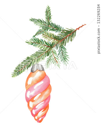 Christmas tree toy hanging on a fir tree branch. For fabric, wallpaper, packing paper, greeting cards, design, decoration and illustration. Christmas tree toy hanging on a fir tree branch. For fabric, wallpaper, packing paper, greeting cards, design, decoration and illustration. 132269284