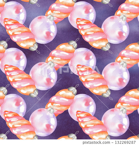 Seamless pattern of christmas tree toys on a violet background. For fabric, wallpaper, packing paper, greeting cards, design, decoration and illustration. 132269287