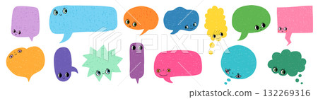 Colorful doodle speech bubbles with cute faces with expressions, empty text box balloon shapes set for kids graphic design Colorful doodle speech bubbles with cute faces with expressions, empty text box balloon shapes set for kids graphic design 132269316
