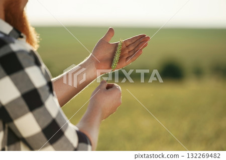 Man in white shirt is on the agricultural field Man in white shirt is on the agricultural field 132269482