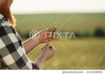 Man in white shirt is on the agricultural field Man in white shirt is on the agricultural field 132269483