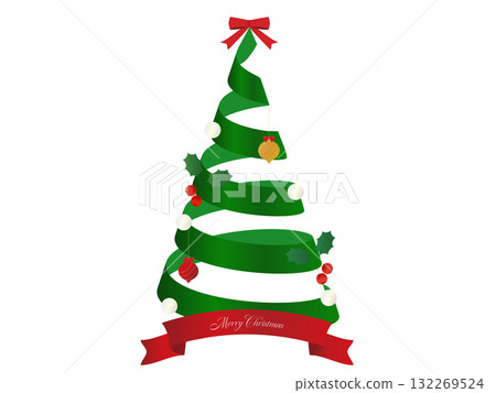 由捲曲絲帶製成的綠色聖誕樹的 3D 插圖 132269524
