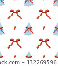 Seamless winter pattern with a cute Christmas tree, bows, and hearts. Festive retro vector background. Vector flat illustration with blue trees and red bows on a white background. Seamless winter pattern with a cute Christmas tree, bows, and hearts. Festive retro vector background. Vector flat illustration with blue trees and red bows on a white background. 132269596