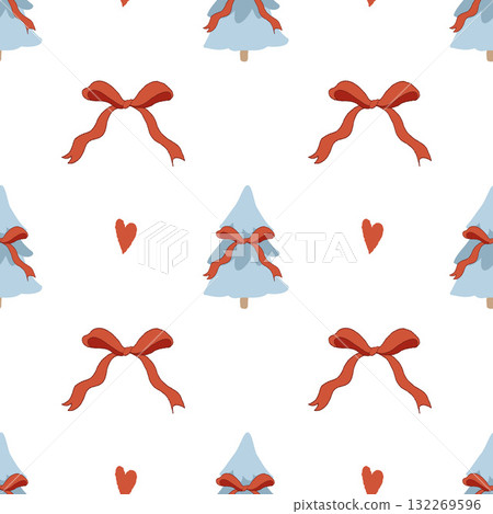 Seamless winter pattern with a cute Christmas tree, bows, and hearts. Festive retro vector background. Vector flat illustration with blue trees and red bows on a white background. Seamless winter pattern with a cute Christmas tree, bows, and hearts. Festive retro vector background. Vector flat illustration with blue trees and red bows on a white background. 132269596