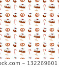Seamless Christmas pattern with sweets. Background with traditional winter sweets on a white background. Lollipops, caramels, candy canes, cakes, and bagels. Simple flat vector illustration. Seamless Christmas pattern with sweets. Background with traditional winter sweets on a white background. Lollipops, caramels, candy canes, cakes, and bagels. Simple flat vector illustration. 132269601
