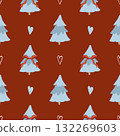 Seamless winter pattern with a cute Christmas tree, bows, and hearts. Festive retro vector background. Vector flat illustration with blue trees and red bows on a red background. Seamless winter pattern with a cute Christmas tree, bows, and hearts. Festive retro vector background. Vector flat illustration with blue trees and red bows on a red background. 132269603