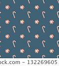 Seamless Christmas pattern with candies. Background with traditional winter sweets on a dark blue background. Lollipops, round caramels, and candy canes. Simple flat vector illustration. Seamless Christmas pattern with candies. Background with traditional winter sweets on a dark blue background. Lollipops, round caramels, and candy canes. Simple flat vector illustration. 132269605