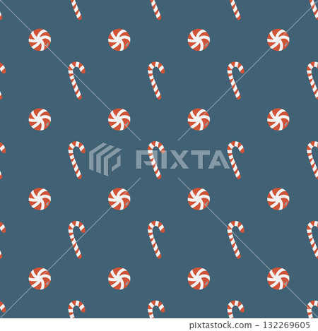 Seamless Christmas pattern with candies. Background with traditional winter sweets on a dark blue background. Lollipops, round caramels, and candy canes. Simple flat vector illustration. 132269605