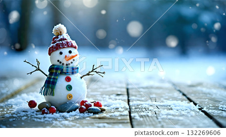 冬日里，一個雪人站在木甲板上 132269606