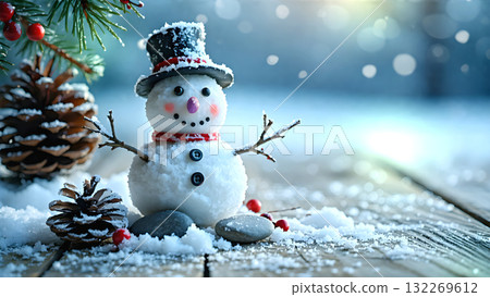 A snowman standing on a wooden deck on a winter day 132269612