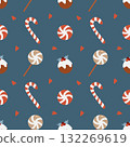 Seamless Christmas pattern with candies. Background with traditional winter sweets on a dark blue background. Lollipops, caramels, candy canes, cakes, and hearts. Simple vector flat illustration. Seamless Christmas pattern with candies. Background with traditional winter sweets on a dark blue background. Lollipops, caramels, candy canes, cakes, and hearts. Simple vector flat illustration. 132269619