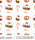 Seamless Christmas pattern with sweets. Background with traditional winter sweets on a white background. Lollipops, caramels, candy canes, cakes, and bagels. Simple flat vector illustration. Seamless Christmas pattern with sweets. Background with traditional winter sweets on a white background. Lollipops, caramels, candy canes, cakes, and bagels. Simple flat vector illustration. 132269645