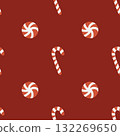 Seamless Christmas pattern with candies. Background with traditional winter sweets on a red background. Lollipops, caramels, and candy canes. Simple flat vector illustration. Seamless Christmas pattern with candies. Background with traditional winter sweets on a red background. Lollipops, caramels, and candy canes. Simple flat vector illustration. 132269650