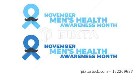 November Mens Health awareness month wide text banner with blue ribbon and moustache icon. Blue November is prostate cancer awareness month. November mens health month logo November Mens Health awareness month wide text banner with blue ribbon and moustache icon. Blue November is prostate cancer awareness month. November mens health month logo 132269687