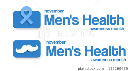 November Mens Health awareness month wide text banner with blue ribbon and moustache icon. Blue November is prostate cancer awareness month. November mens health month logo 132269689