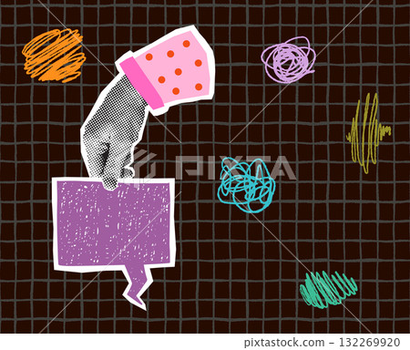 Half tone hand and speech bubble box, vector collage background for banners and poster Half tone hand and speech bubble box, vector collage background for banners and poster 132269920