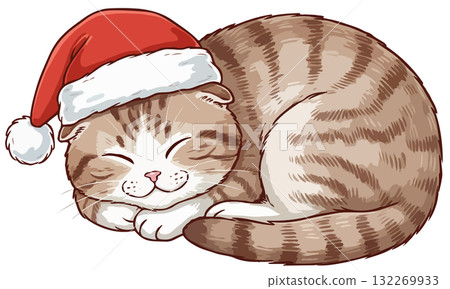 Cute Scottish Fold cat in a Santa hat sleeping peacefully, dreaming of Christmas Cute Scottish Fold cat in a Santa hat sleeping peacefully, dreaming of Christmas 132269933