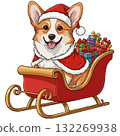 Happy Corgi dog in a Santa costume riding a sleigh full of Christmas gifts 132269938