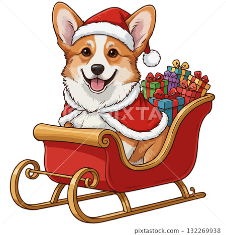 Happy Corgi dog in a Santa costume riding a sleigh full of Christmas gifts 132269938