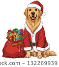Happy Golden Retriever dog in a Santa Claus costume with a bag of Christmas gifts 132269939