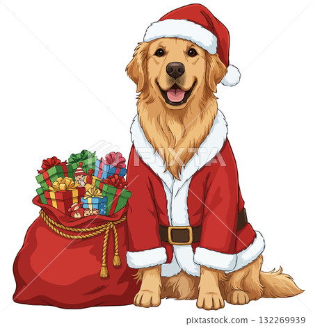 Happy Golden Retriever dog in a Santa Claus costume with a bag of Christmas gifts 132269939