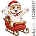 Happy Scottish Fold cat in Santa costume with open arms riding a Christmas sleigh with gifts 132269940