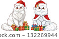 Set of two cute white Persian cats in Santa hats with Christmas gifts 132269944