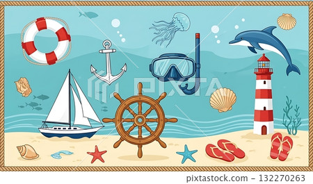 set of marine nautical elements with marine ship 132270263
