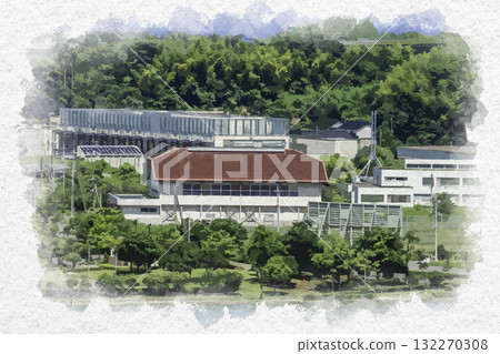Watercolor style view from Izumoyama Observatory, Former Tottori Prefectural Chubu Health Promotion Center, Yurihama Town, Tottori Prefecture 132270308