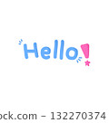 Playful hand drawn Hello text in blue with pink exclamation mark and star, conveying cheerful greeting 132270374
