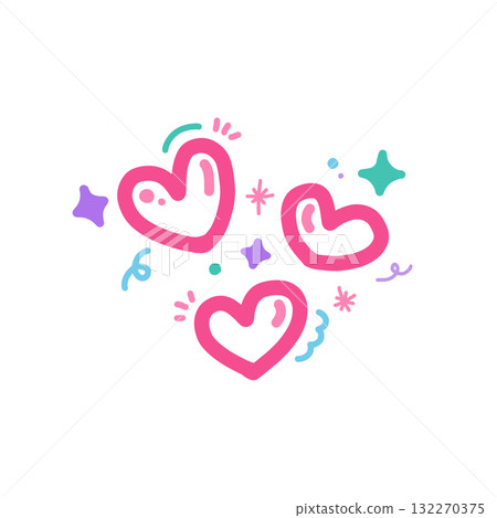 Pink hearts with sparkles and doodles create playful and cheerful design. vibrant colors and whimsical elements add sense of joy and fun 132270375