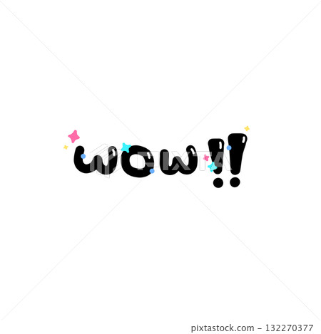 Playful and colorful hand drawn WOW text with stars and dots, conveying excitement and surprise. design features black font with vibrant accents, creating cheerful and lively effect Playful and colorful hand drawn WOW text with stars and dots, conveying excitement and surprise. design features black font with vibrant accents, creating cheerful and lively effect 132270377