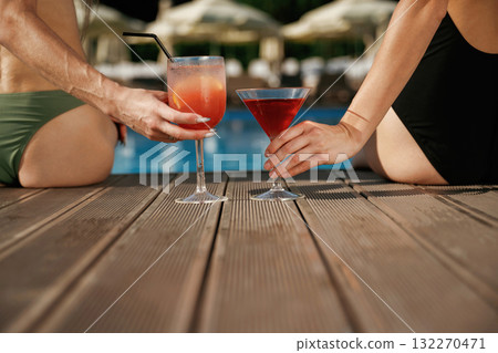 Two female friends are on resort, have a vacation at a beautiful place 132270471
