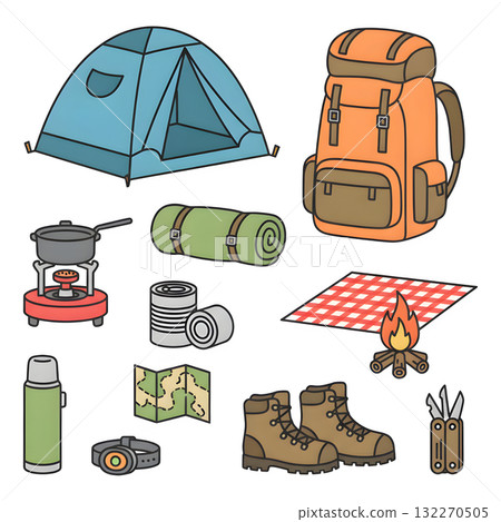 Camping adventure set. Hiking and outdoor recreation collection. Tent, gas stove, sleeping bag, picnic blanket, backpack, canned food, campfire and other travel elements. illustration design. 132270505