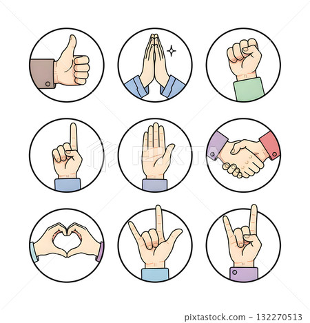 Hand gestures, poses set. Showing peace, victory, ok, thumb up and praying signs. Fist, pointing finger, palm, love heart, rock and handshake. illustration design. 132270513