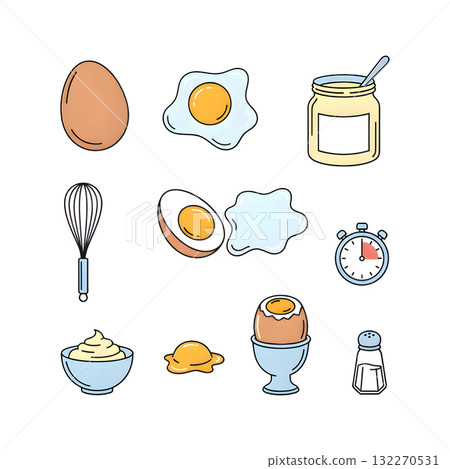 Food stickers set. Raw, cooked, soft boiled eggs collection. Yolk, egg white, homemade mayonnaise and other cooking elements. Modern cartoon concept. illustration design. 132270531