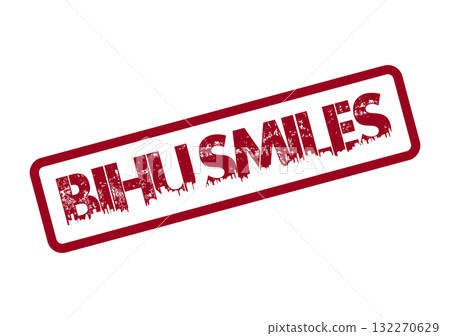 Grunge style red rectangular stamp with distressed BIHUSMILES text for happy branding 132270629